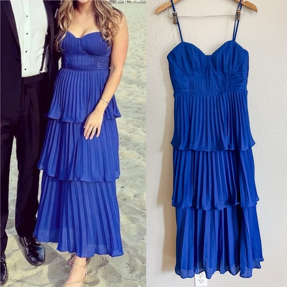 Cascading Crush Cobalt Blue Tiered Bustier Midi Dress